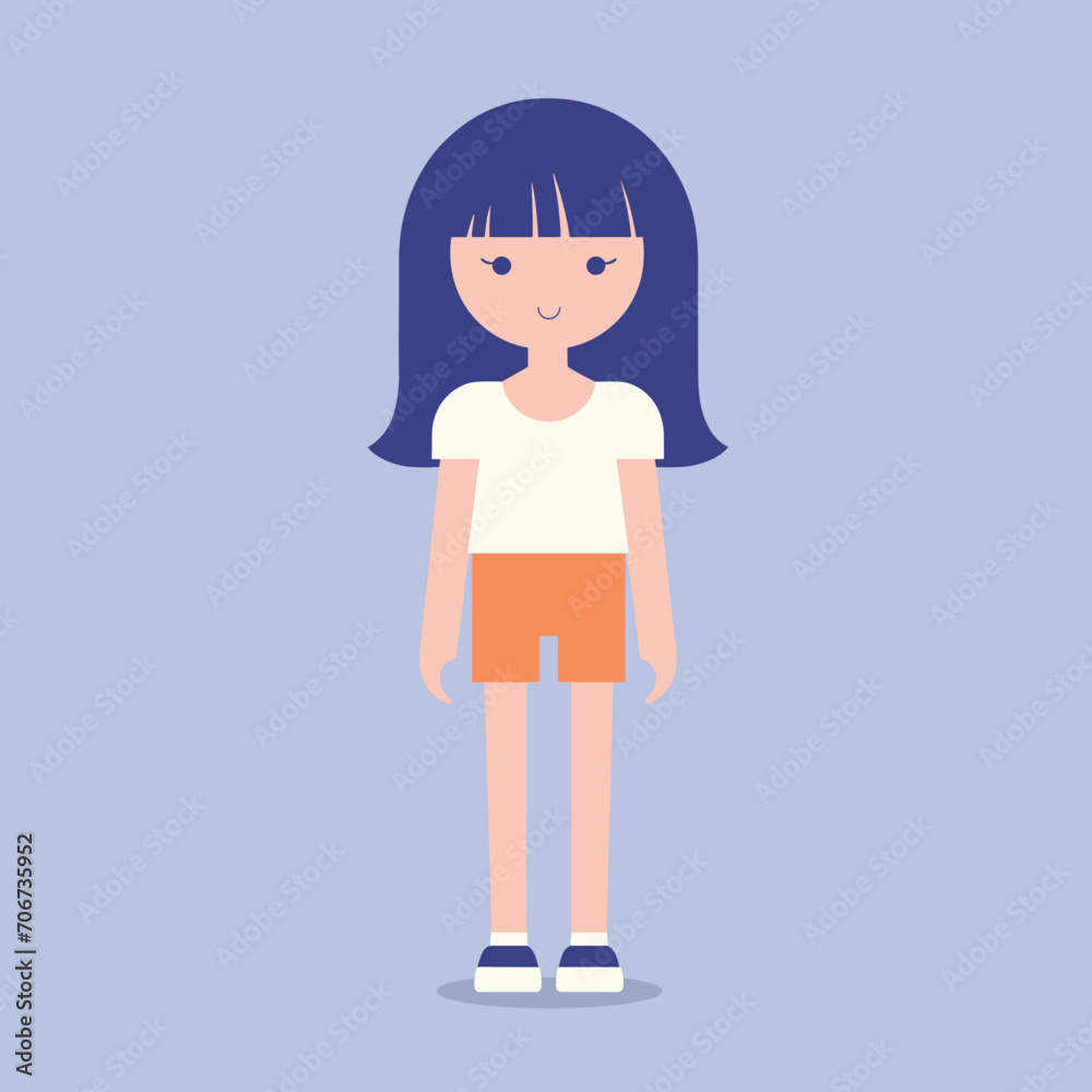 Young girl standing smiling in casual clothes, simple flat style. Cute child character, cheerful mood, purple background vector illustration. Young girl standing smiling in casual clothes, simple flat style. Cute child character, cheerful mood, purple background vector illustration.