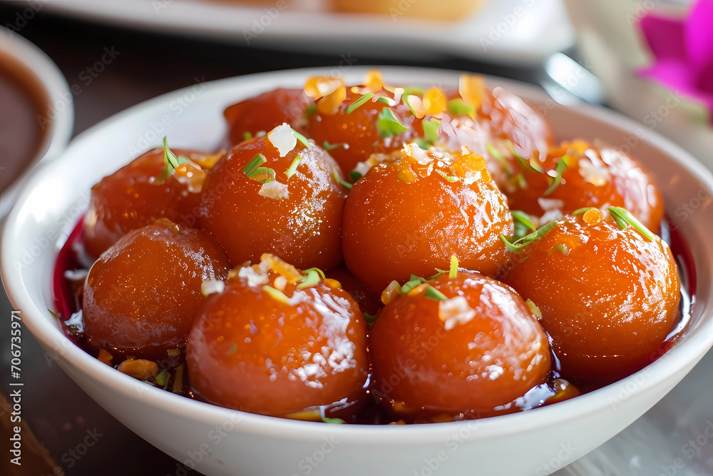 Gulab Jamun - A popular Indian sweet, Gulab Jamun is made from khoya (reduced milk solids) and deep-fried, then soaked in a sugary syrup flavored with rosewater and cardamom Gulab Jamun - A popular Indian sweet, Gulab Jamun is made from khoya (reduced milk solids) and deep-fried, then soaked in a sugary syrup flavored with rosewater and cardamom