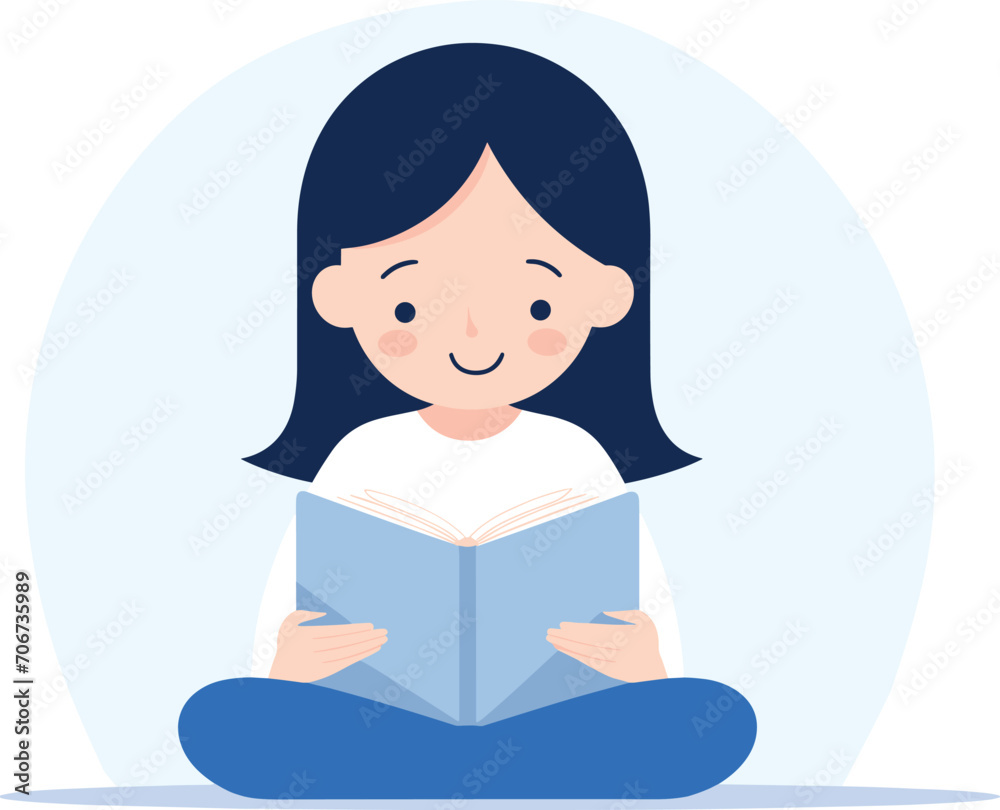 Young Asian girl sitting cross-legged reading a book with a happy expression. Peaceful reading time and love for books. Vector illustration Young Asian girl sitting cross-legged reading a book with a happy expression. Peaceful reading time and love for books. Vector illustration