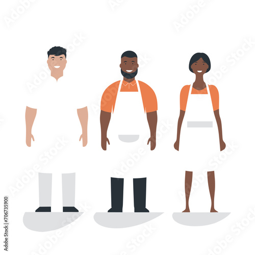 Multiracial chefs standing smiling, with a Caucasian, African, and African-American chefs in professional attire. Culinary team, diverse kitchen staff vector illustration.