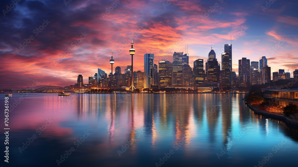 Fototapeta premium Cityscape of the Renowned Financial District at Twilight, Casting Reflections on the Waterfront. Generative AI