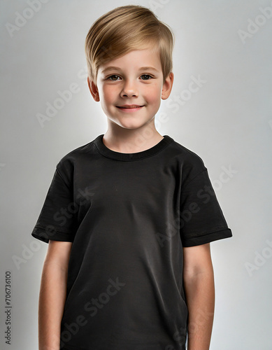 Fényképezés ritratto bambino biondo europeo con maglietta nera sorridente