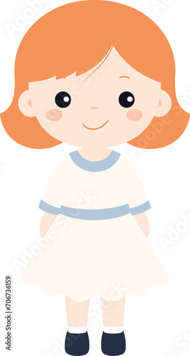 Cute cartoon girl standing, smiling with playful expression, ginger hair, Cream dress, blue shoes. Happy child character, simple design vector illustration.