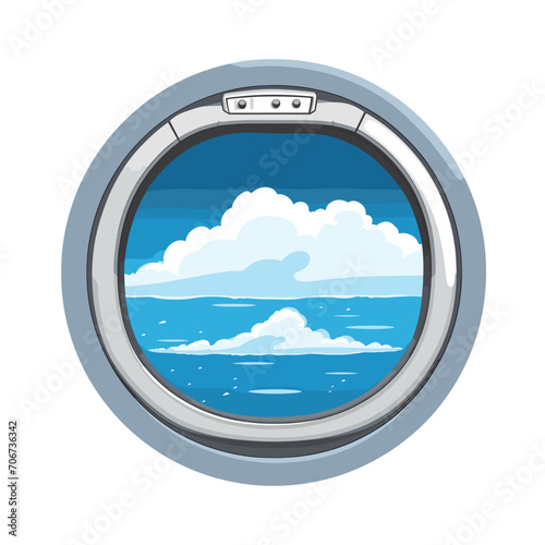 Airplane window with view on blue sky and clouds. Vector illustration of aircraft porthole with scenic cloudscape. Travel and aviation theme vector illustration.
