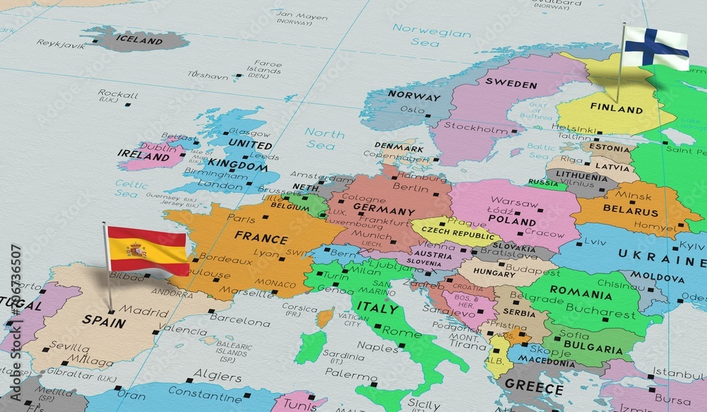 Spain and Finland - pin flags on political map - 3D illustration