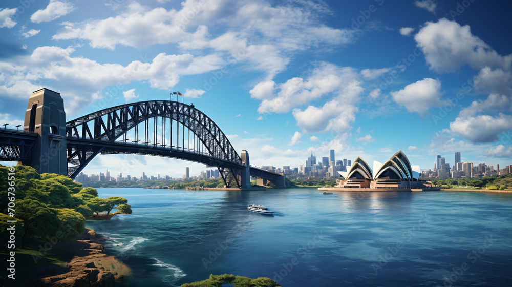 Naklejka premium Cityscape of the Renowned Financial District at Twilight, Casting Reflections on the Waterfront. Generative AI