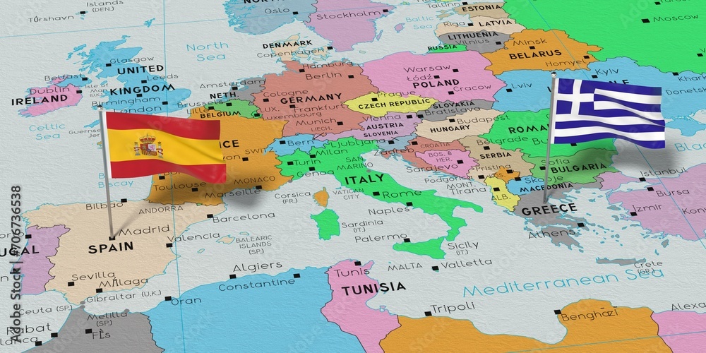 Spain and Greece - pin flags on political map - 3D illustration