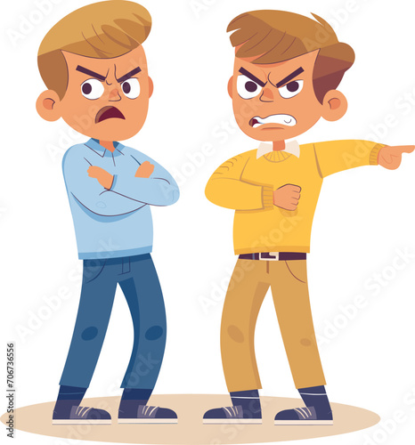 Two angry men pointing fingers and confronting each other. Cartoon characters in a dispute with aggressive gestures. Conflict resolution and emotions management vector illustration.