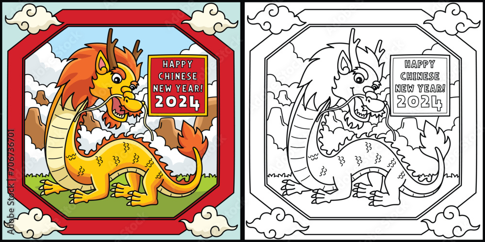 Happy Chinese New Year 2024 Coloring Illustration