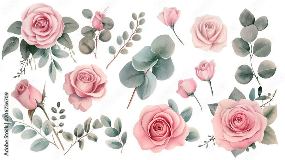 Watercolor elements pink roses, flowers, leaves, eucalyptus, branches set, isolated on transparent background - obrazy, fototapety, plakaty 