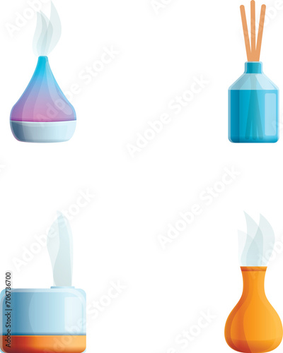 Home fragrance icons set cartoon vector. Incense stick and aroma lamp. Home incense, aromatherapy