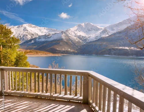 Terrasse d'un chalet de montagne avec vue sur un lac 