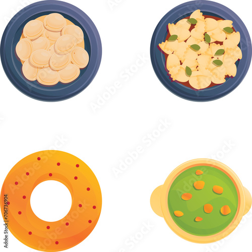 Various dish icons set cartoon vector. First, second course and dessert. Traditional or national dish