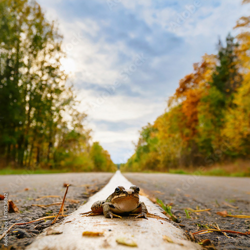 Ein Frosch sitzt mitten auf einer geraden Landstraße im Herbst