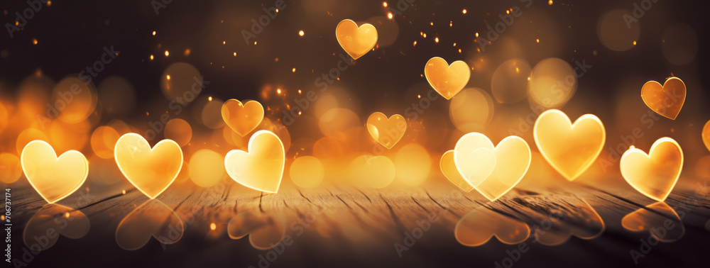 Dark background with bokeh lights and golden heart shapes. Valentine day concept