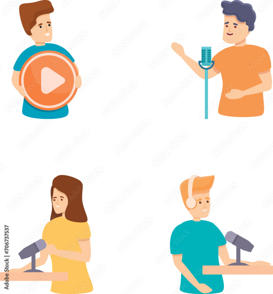 Fototapeta premium Video platform icons set cartoon vector. Guy with youtube button and microphone. International online service