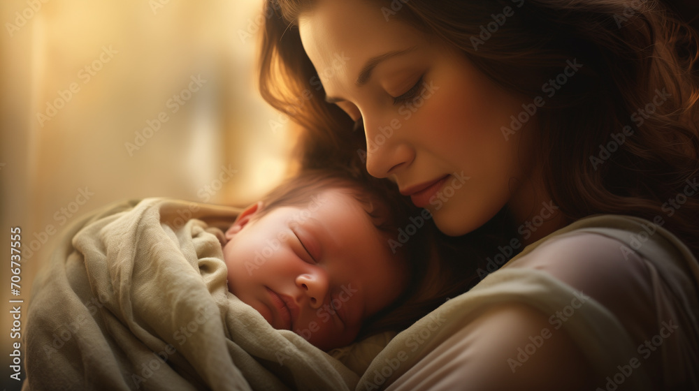 In this touching image, a mother cradles her newborn with pure love and protection. Bathed in soft light, they share a deep bond, symbolizing maternal affection—a moment of unspoken love. In this touching image, a mother cradles her newborn with pure love and protection. Bathed in soft light, they share a deep bond, symbolizing maternal affection—a moment of unspoken love.