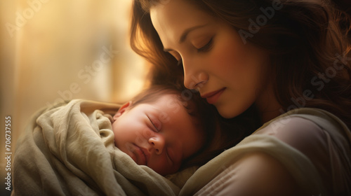 In this touching image, a mother cradles her newborn with pure love and protection. Bathed in soft light, they share a deep bond, symbolizing maternal affection—a moment of unspoken love.