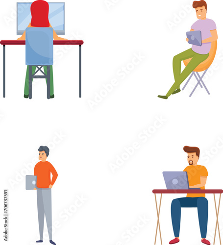 Remote working icons set cartoon vector. Freelancer working from home. Self employed concept