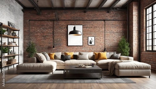 Living room loft in industrial style, 3d render © Antonio Giordano