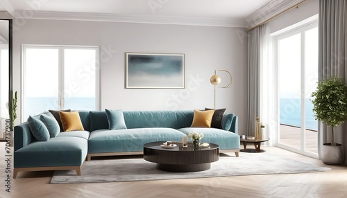 Panorama of luxury living room and dining area with sofa,armchair. 3d rendering © Antonio Giordano