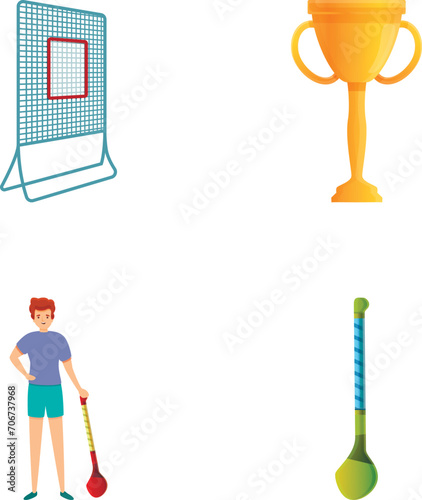 Hurling icons set cartoon vector. Player in helmet and hurling equipment. Ireland traditional sport
