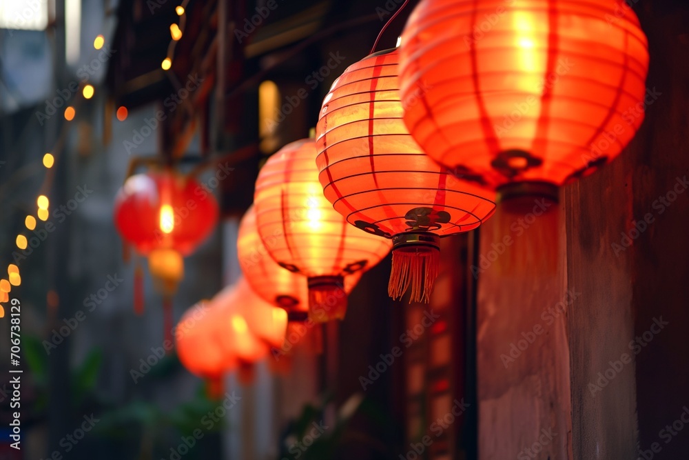 Fototapeta premium Beautiful red Chinese lanterns on street, lunar New Year decorations.