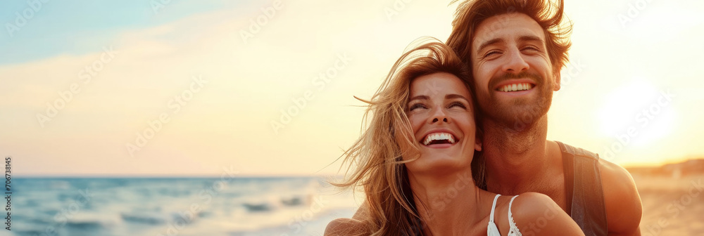 Loving couple embracing having fun at the beach - obrazy, fototapety, plakaty 