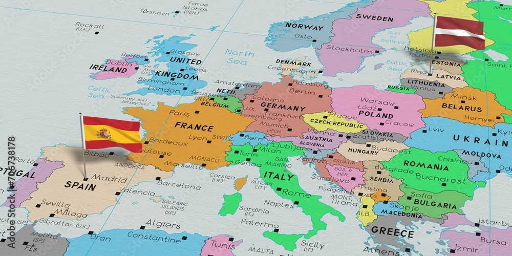 Spain and Latvia - pin flags on political map - 3D illustration