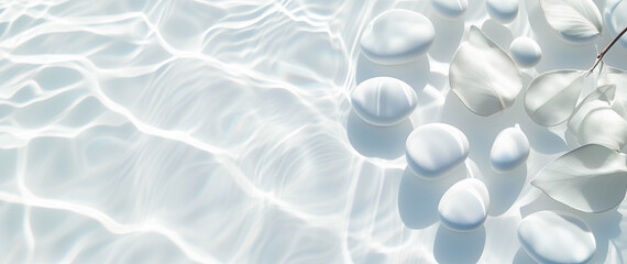Transparent and clean white water and stones with sun shadow. abstract spa background concept banner for cosmetic body care. top view, beauty backdrop, mock up