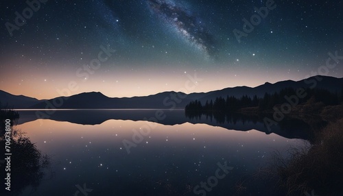 Starry Night Over Tranquil Lake with Mountain Silhouettes