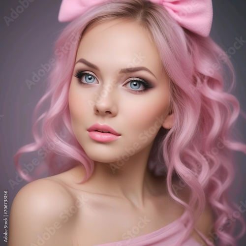 Retrato de estudio mujer joven con el pelo rosado y un lazo rosa