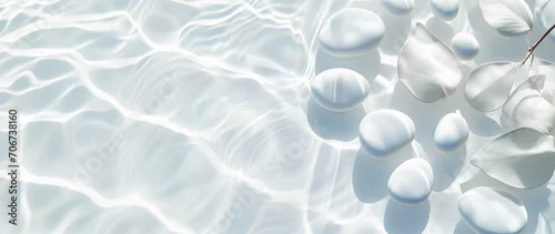 Obraz  z motywem Transparent and clean white water and stones with sun shadow. abstract spa background concept banner for cosmetic body care. top view, beauty backdrop, mock up