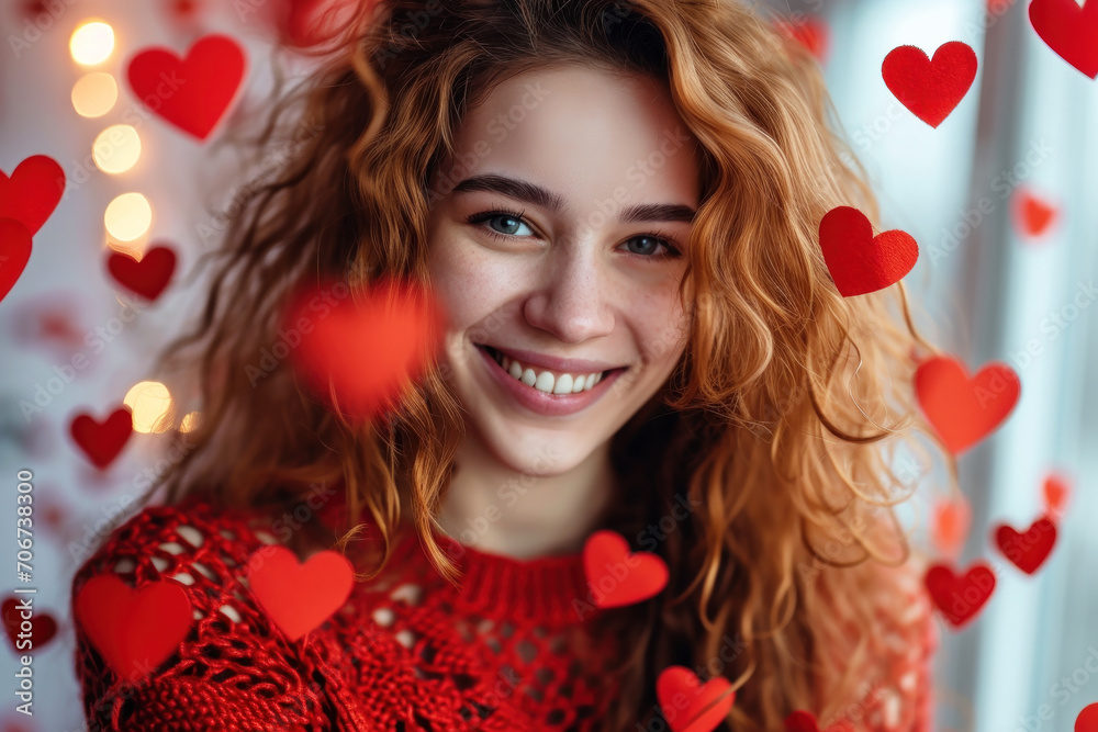 Smiling red-haired young woman celebrating Valentine`s Day, attractive adult girl on heart shapes background, romantic design. Concept of love, party, happy people and romance Smiling red-haired young woman celebrating Valentine`s Day, attractive adult girl on heart shapes background, romantic design. Concept of love, party, happy people and romance