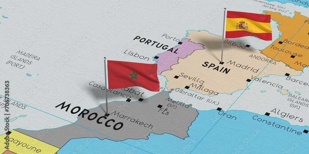 Spain and Morocco - pin flags on political map - 3D illustration