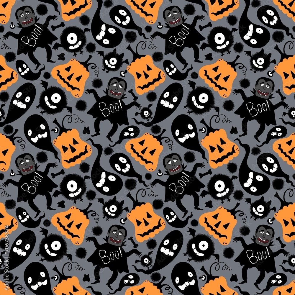 Halloween cartoon doodle seamless vampire and monsters and pumpkins and ghost pattern for wrapping paper Halloween cartoon doodle seamless vampire and monsters and pumpkins and ghost pattern for wrapping paper