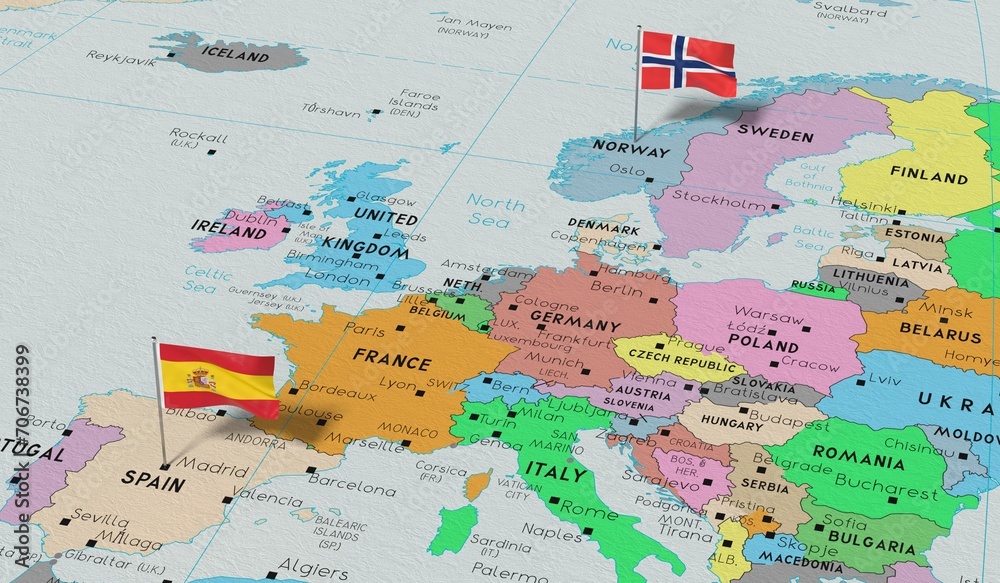 Naklejka premium Spain and Norway - pin flags on political map - 3D illustration