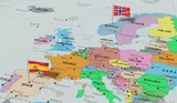 Spain and Norway - pin flags on political map - 3D illustration