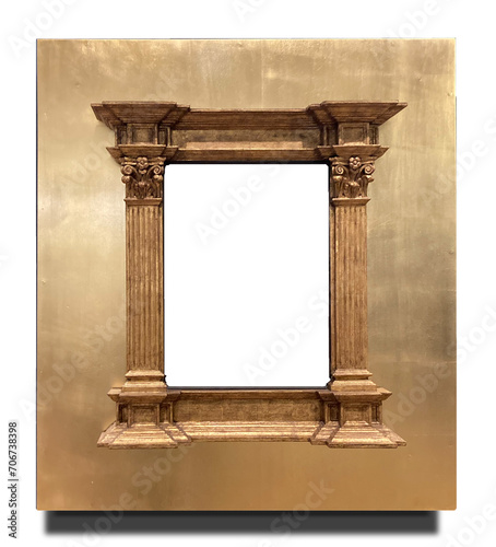 frame crafted from rich, golden wood, its ornate design features intricate carvings and classic Roman columns (ID: 706738398)
