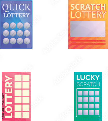 Lottery icons set cartoon vector. Colored lottery ticket. Gambling sport game