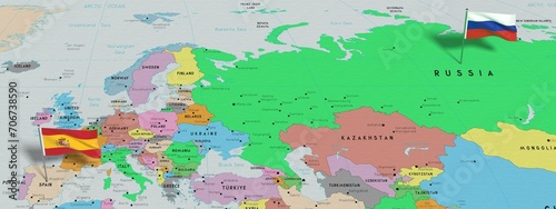 Spain and Russia - pin flags on political map - 3D illustration