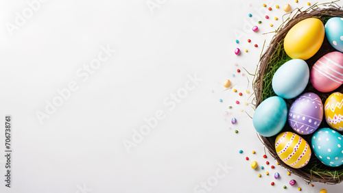 Colorful Easter eggs in nest on a white wooden background. Banner for design with copy 