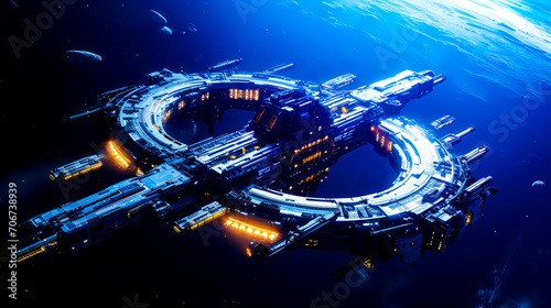 Futuristic space station in the middle of body of water at night.