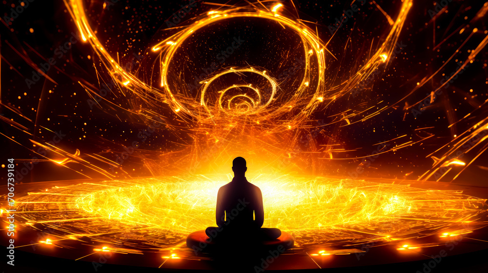 Man sitting in meditation position in front of vortex of light.