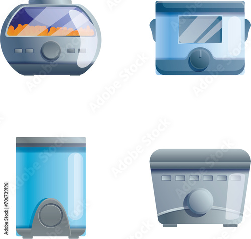 Electric fryer icons set cartoon vector. Various deep fat fryer. Kitchen appliance, smart technology