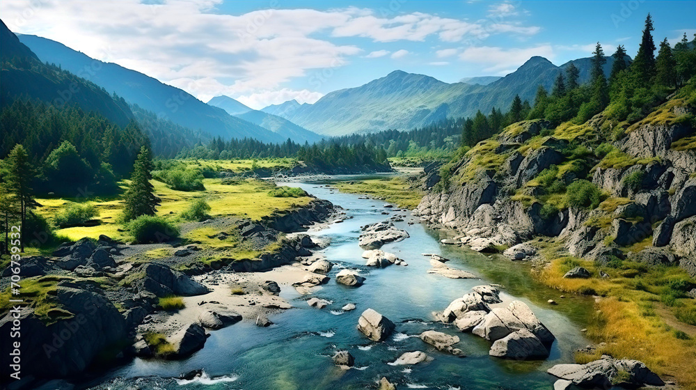 Sunny day in Alps, iconic view with river, green fields and blue mountains