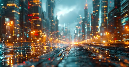 Rain in city, close up of road surface with raindrops, beautiful bokeh of rain and city lights