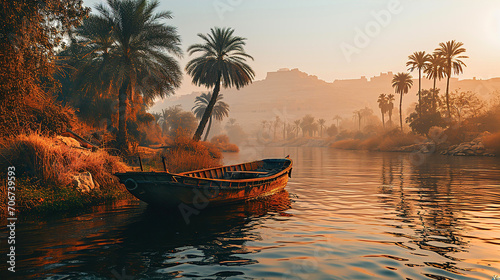 Fish-man boat at river Nile at sunset, beautiful Egyptian river side landscape  photo