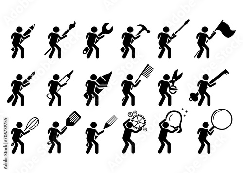 Stick figure working different business. icon set illustration isolated on white background