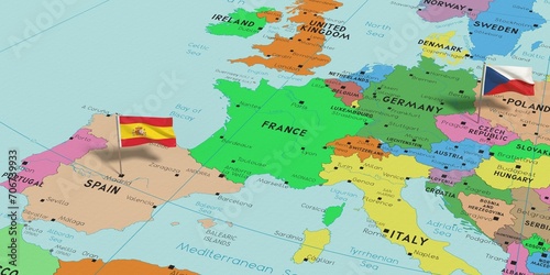 Spain and Czech Republic - pin flags on political map - 3D illustration